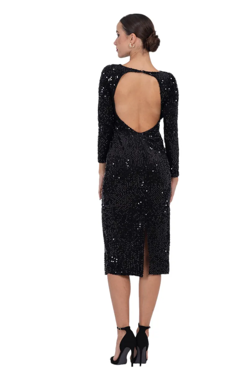 Open Back Sequin Dress With Long Sleeves