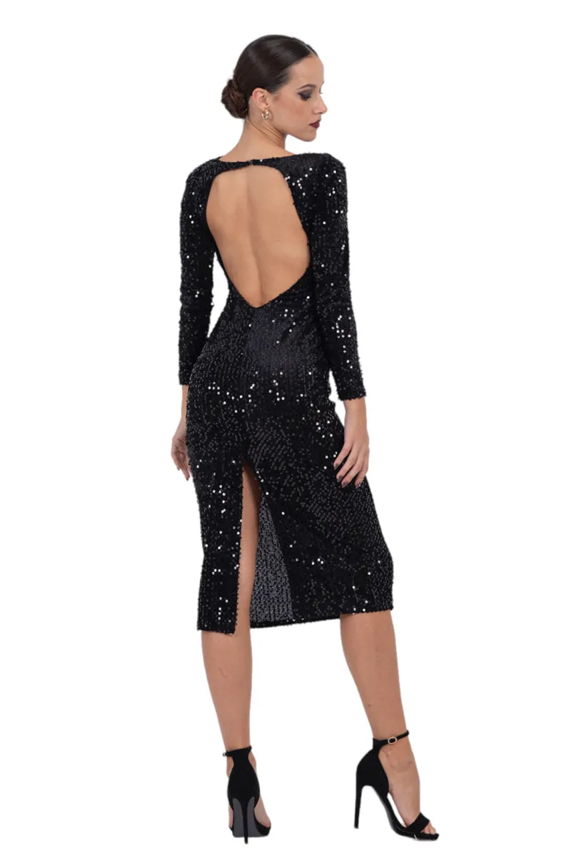 Open Back Sequin Dress With Long Sleeves