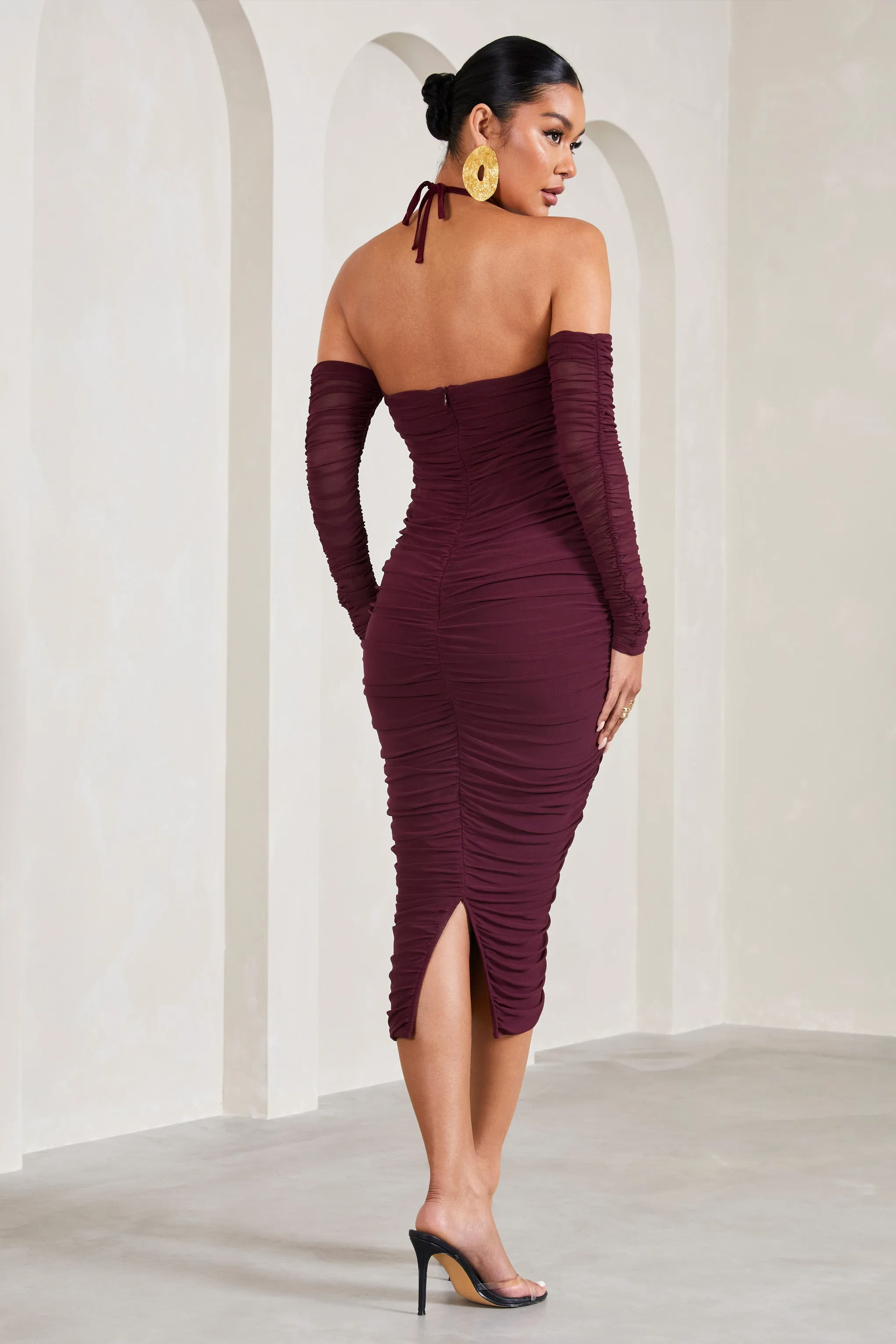 Pixie | Burgundy Ruched Long-Sleeved Halter-Neck Maternity Midi Dress