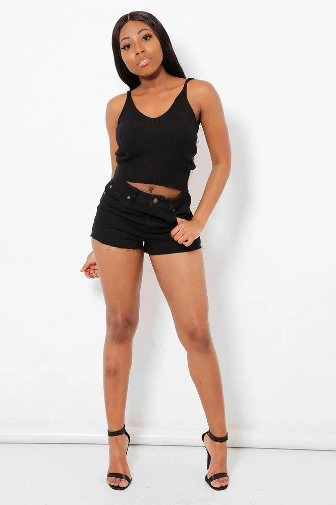 Raw Edge Faded Black Denim Shorts