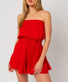 Ruffled Bottom Strapless Romper - Red