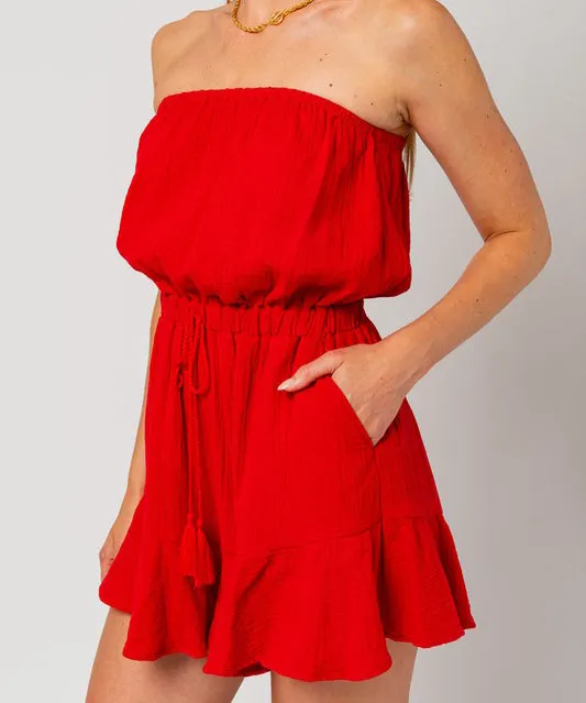 Ruffled Bottom Strapless Romper - Red