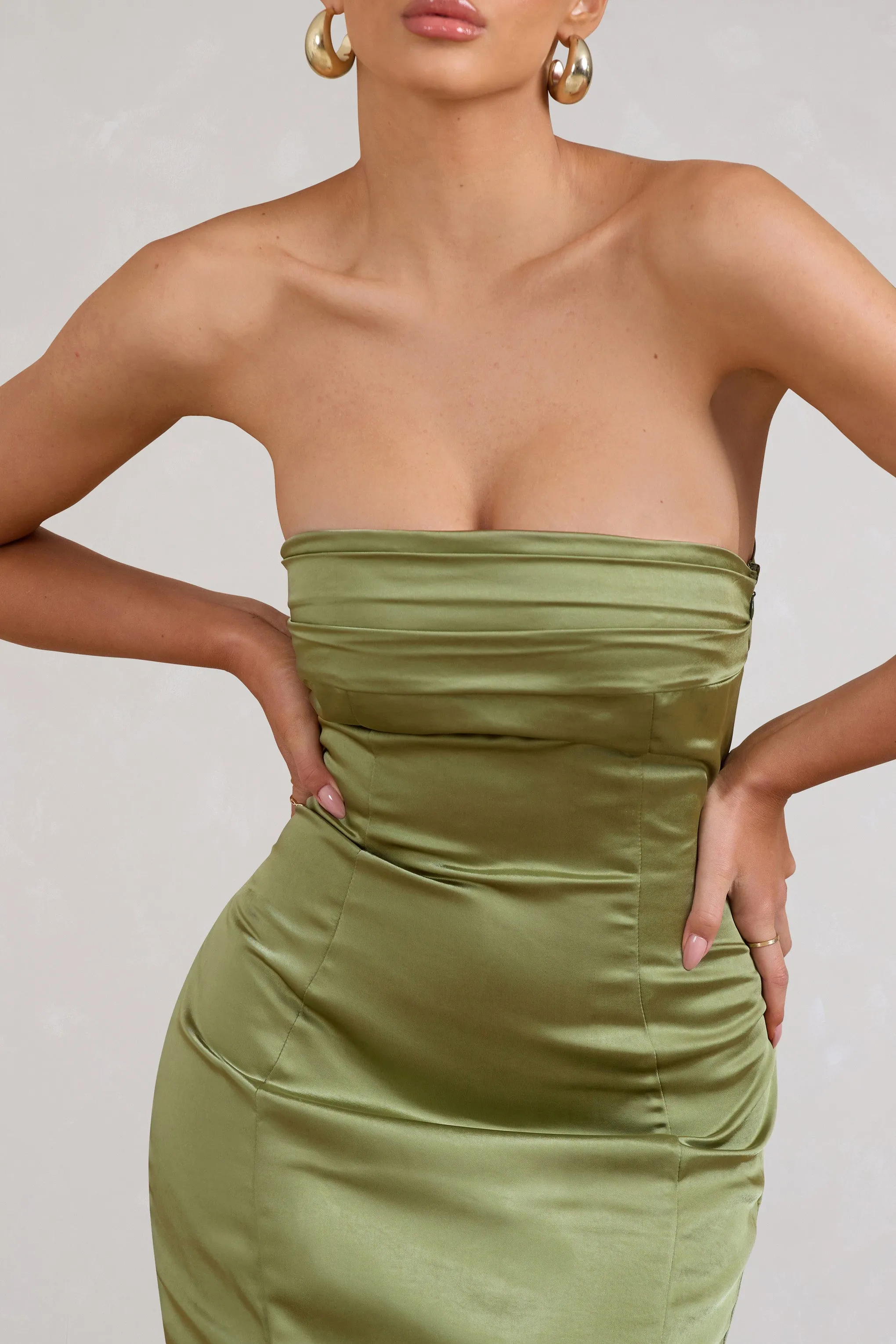 Sauvignon | Olive Satin Bandeau Midi Dress With Cowl Back