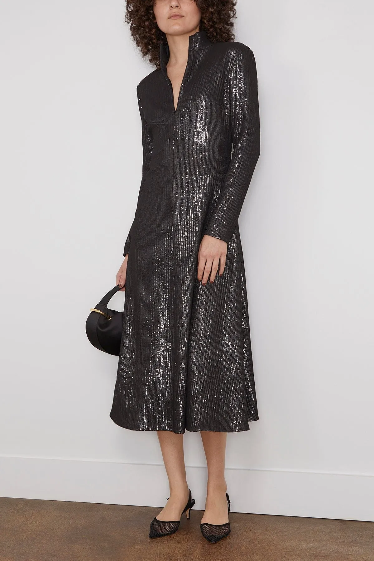 Sequined Zip Up Turtleneck Dress in Black