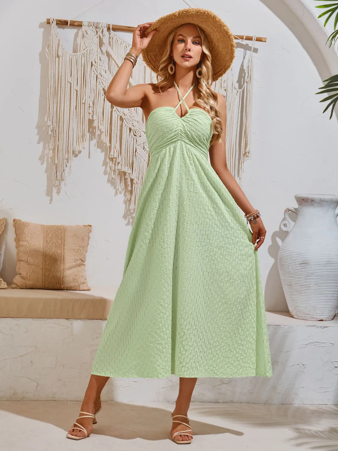 Sunset Vacation Swiss Dot Halter Neck Midi Dress