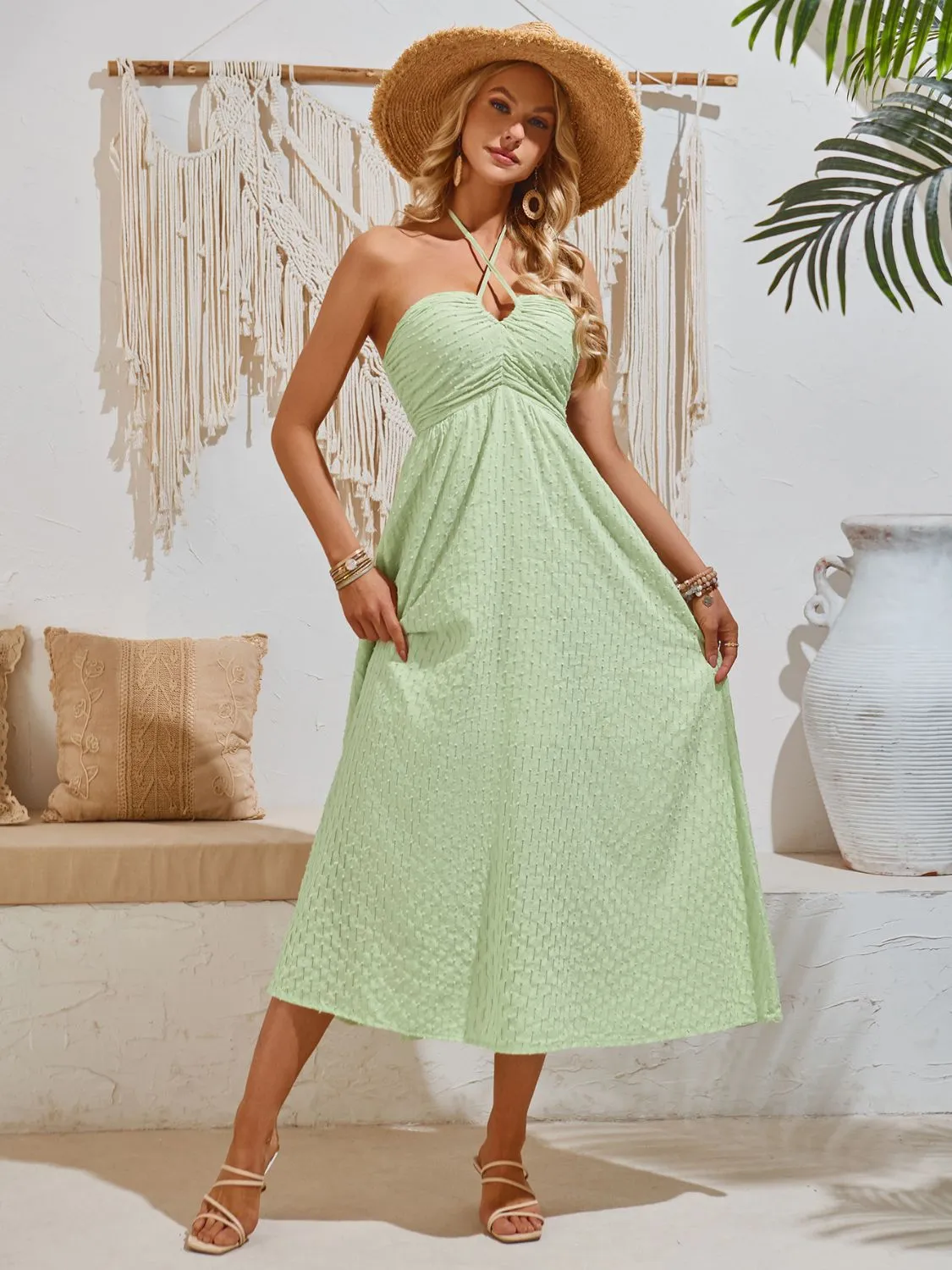 Sunset Vacation Swiss Dot Halter Neck Midi Dress