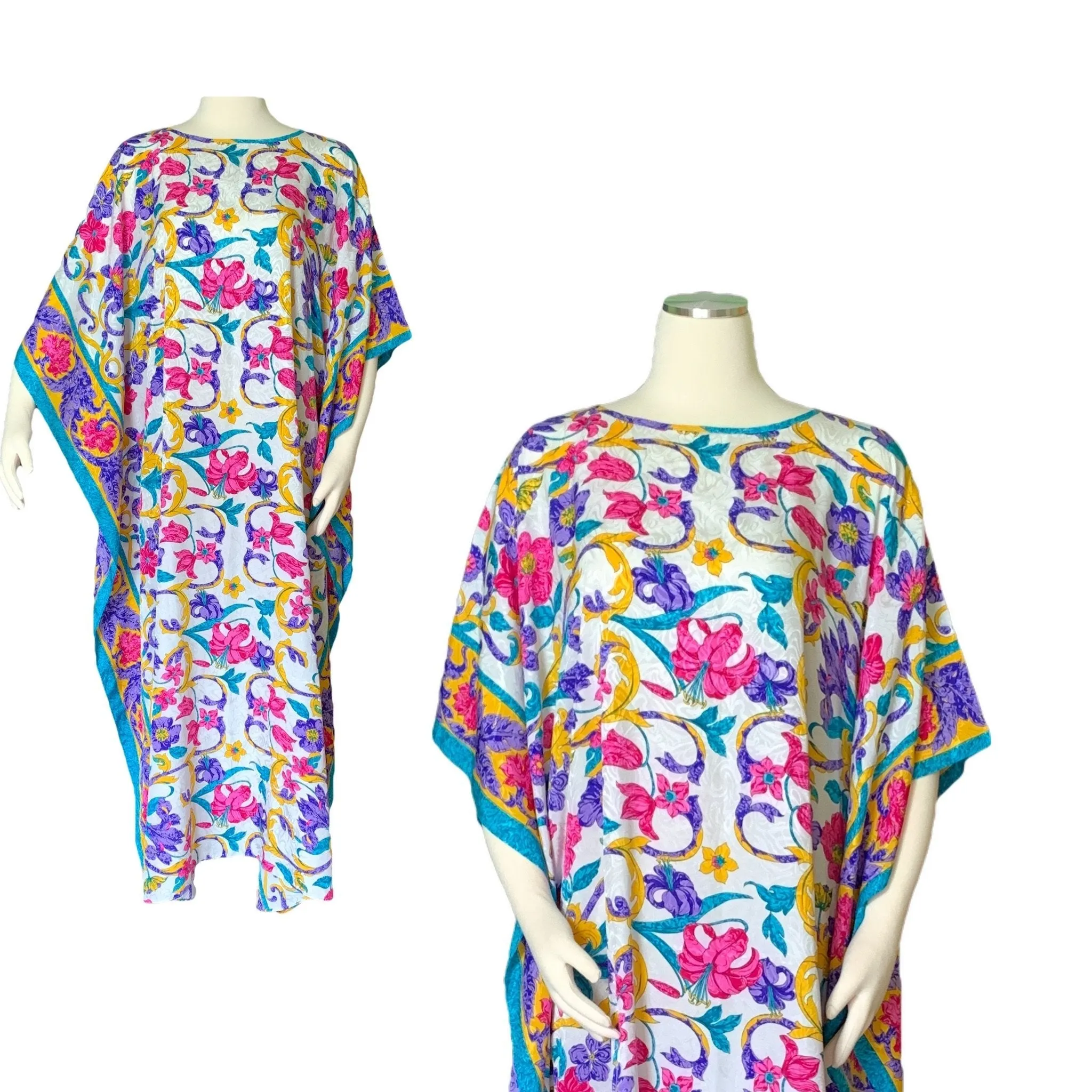 Vintage Floral Kaftan Scarf Dress in Bright Yellows Blues Pinks and Greens by Ruth Norman.