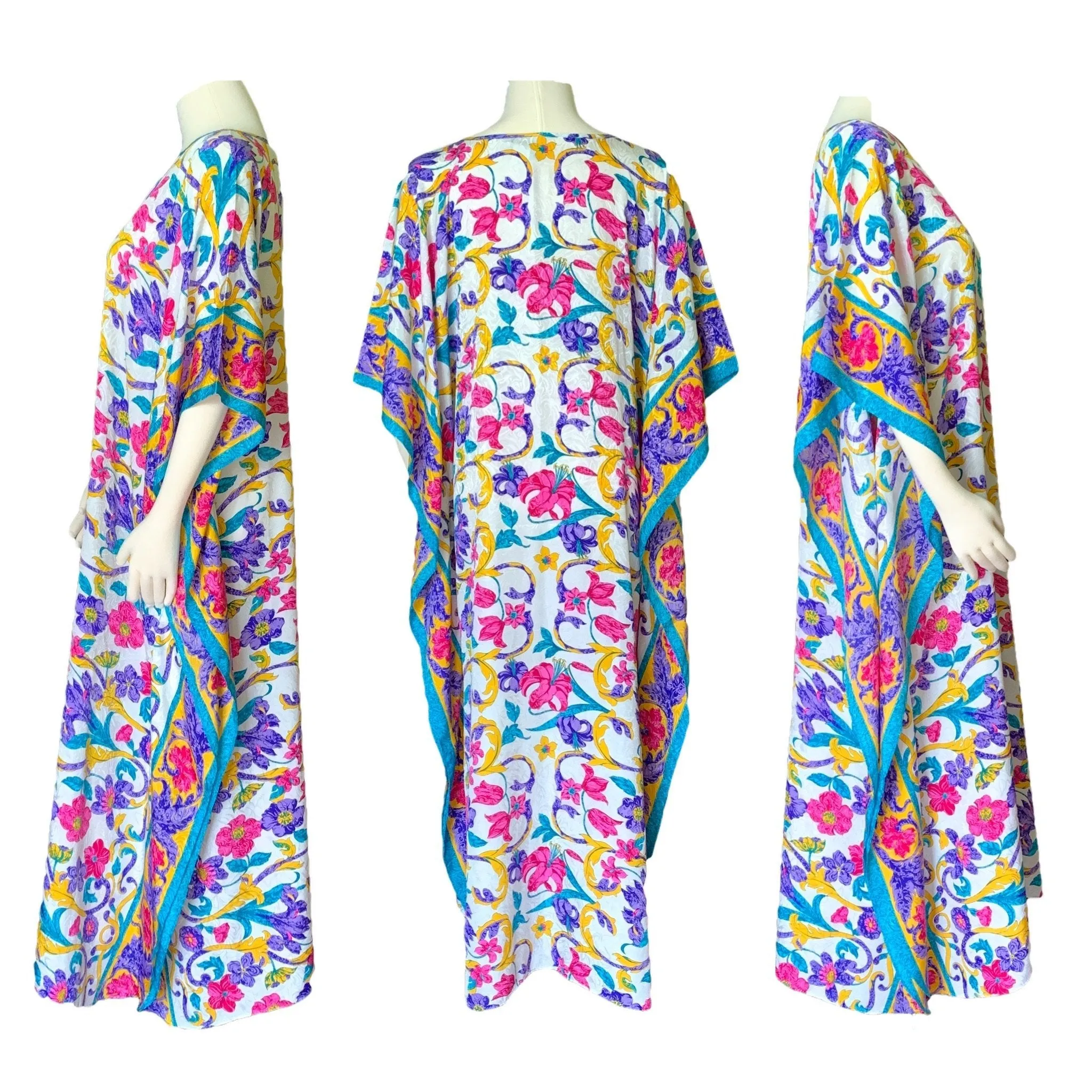 Vintage Floral Kaftan Scarf Dress in Bright Yellows Blues Pinks and Greens by Ruth Norman.