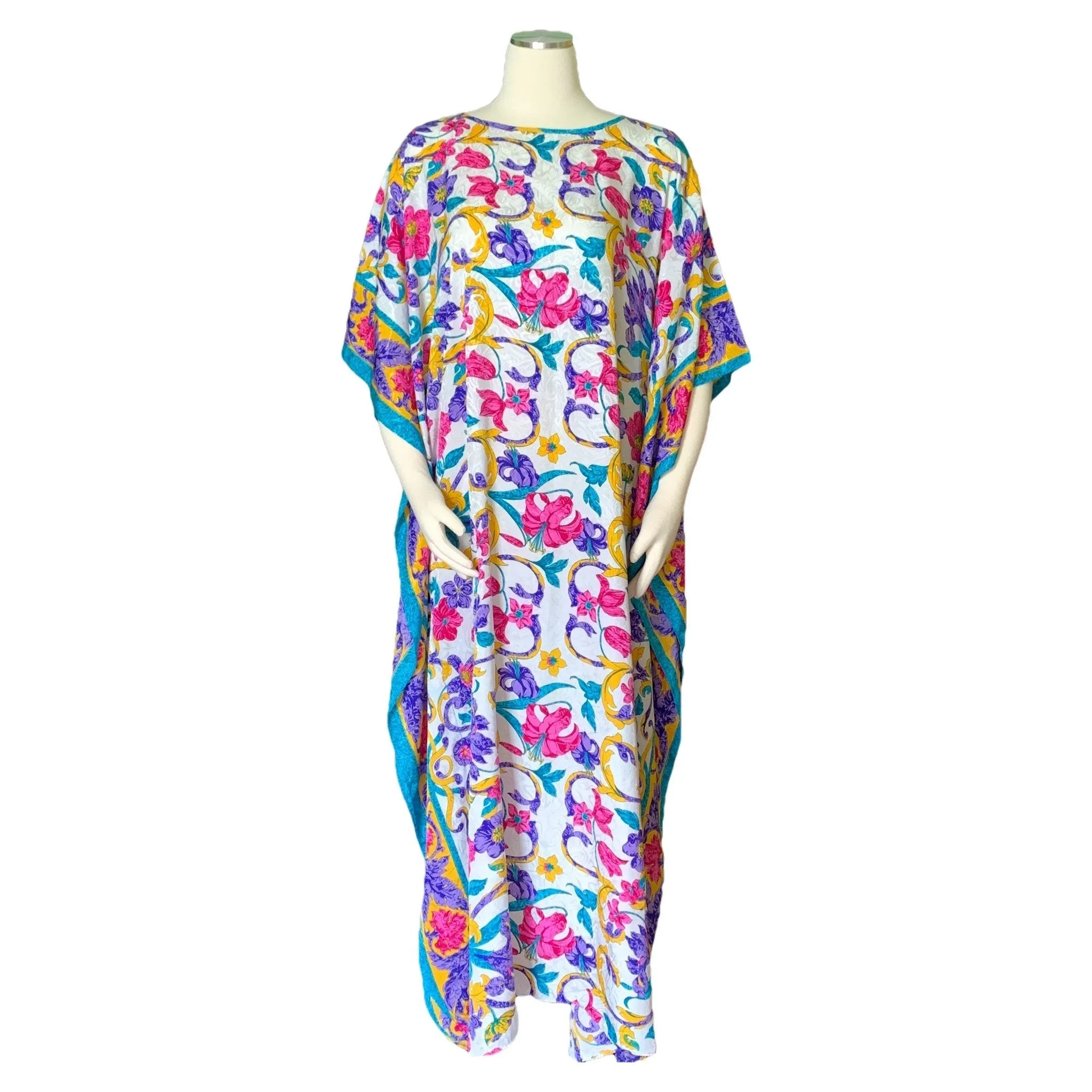 Vintage Floral Kaftan Scarf Dress in Bright Yellows Blues Pinks and Greens by Ruth Norman.