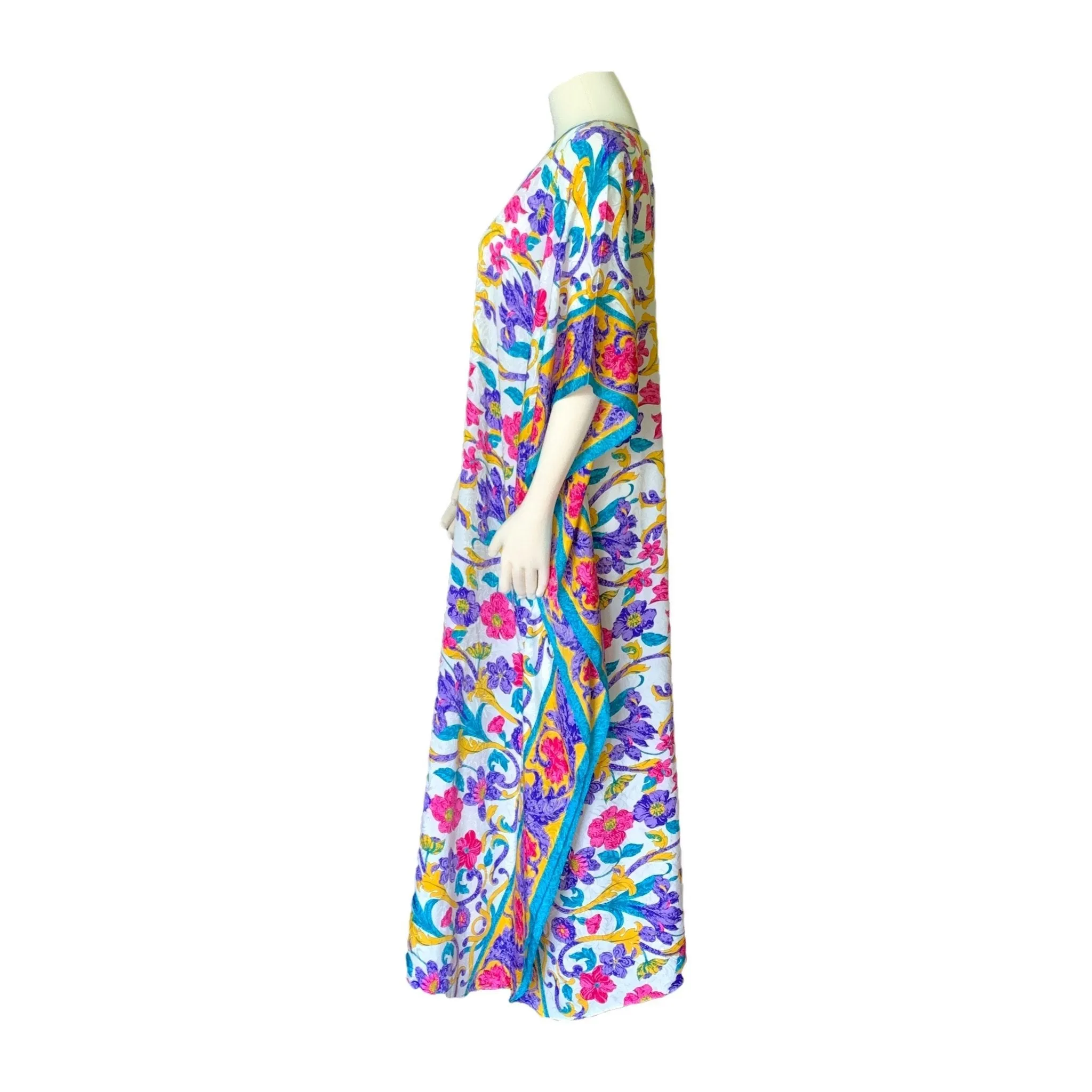 Vintage Floral Kaftan Scarf Dress in Bright Yellows Blues Pinks and Greens by Ruth Norman.