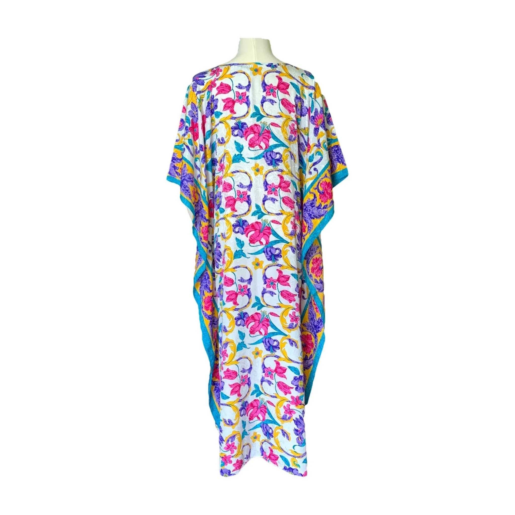 Vintage Floral Kaftan Scarf Dress in Bright Yellows Blues Pinks and Greens by Ruth Norman.