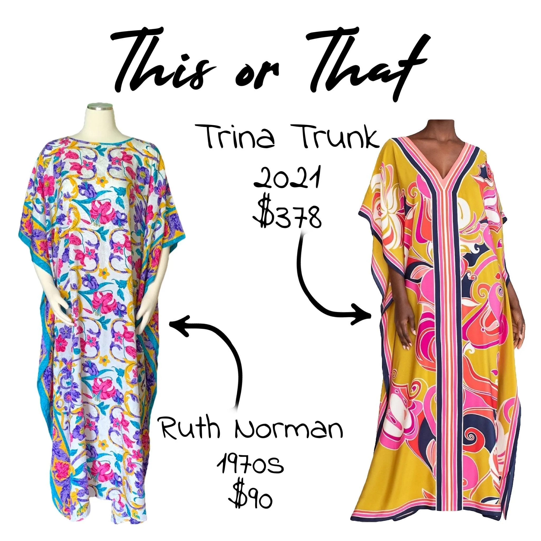 Vintage Floral Kaftan Scarf Dress in Bright Yellows Blues Pinks and Greens by Ruth Norman.