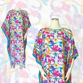 Vintage Floral Kaftan Scarf Dress in Bright Yellows Blues Pinks and Greens by Ruth Norman.