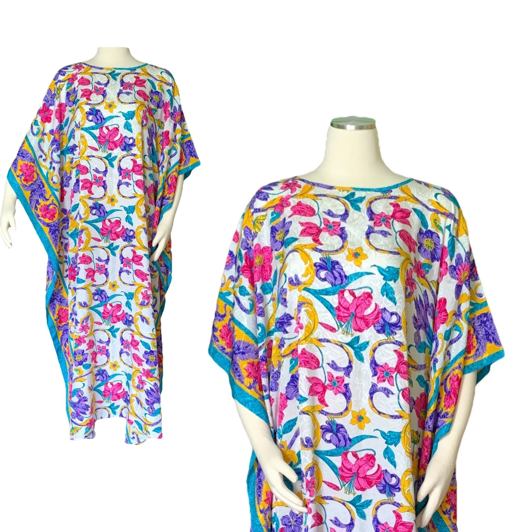 Vintage Floral Kaftan Scarf Dress in Bright Yellows Blues Pinks and Greens by Ruth Norman.