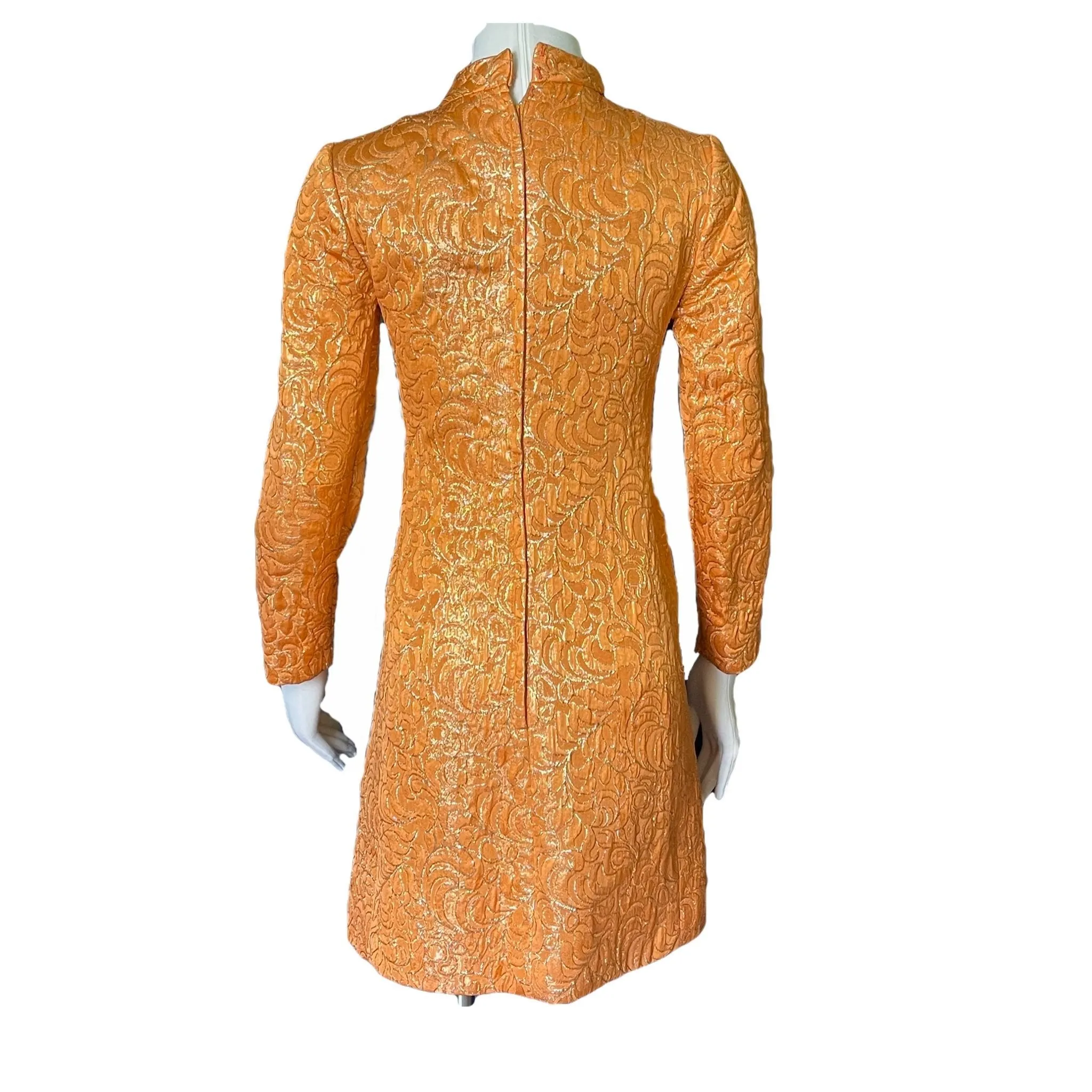 Vintage Orange Metallic Mini Dress. Perfect Party GoGo Dress with Gold Embroidery and Kimono Styling.