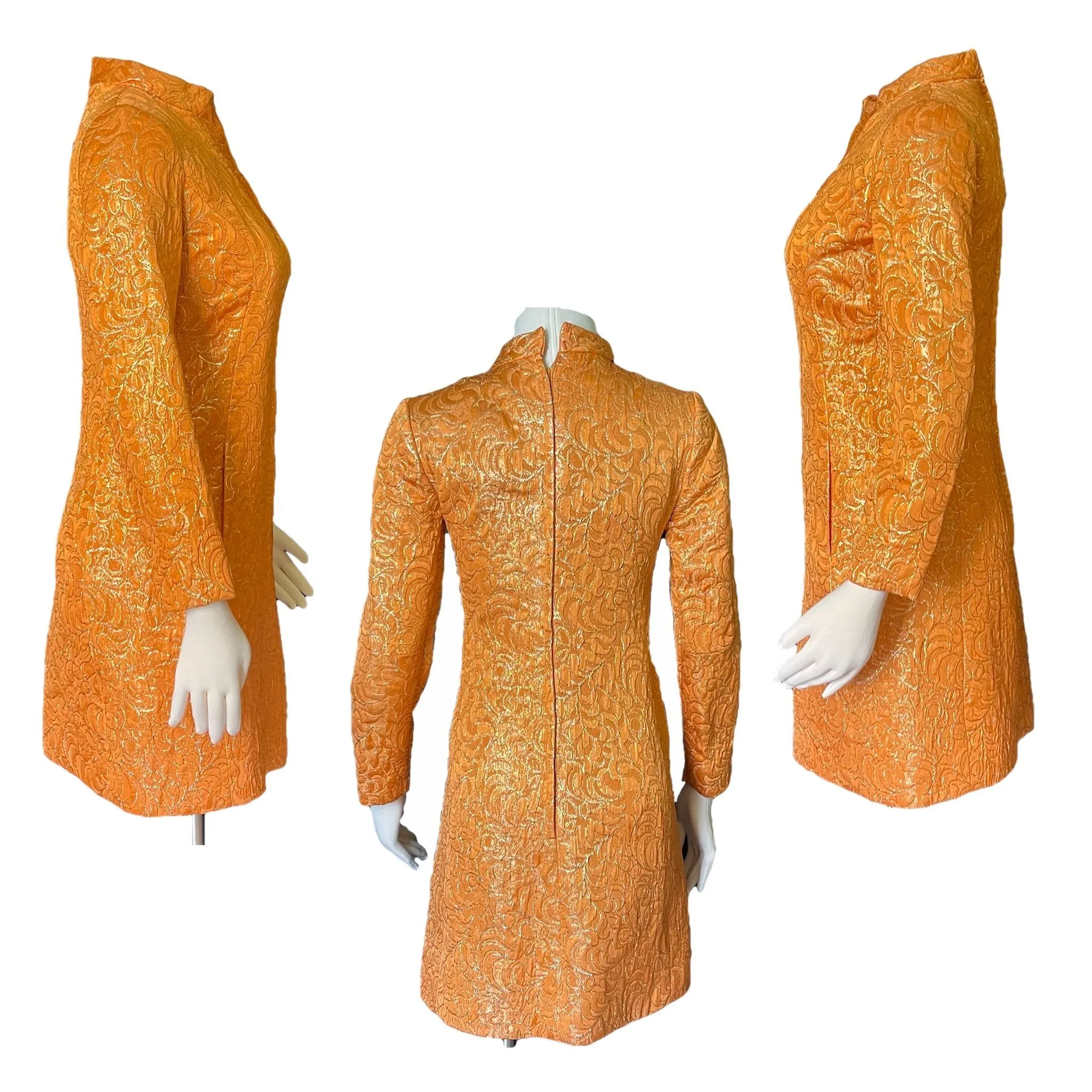 Vintage Orange Metallic Mini Dress. Perfect Party GoGo Dress with Gold Embroidery and Kimono Styling.