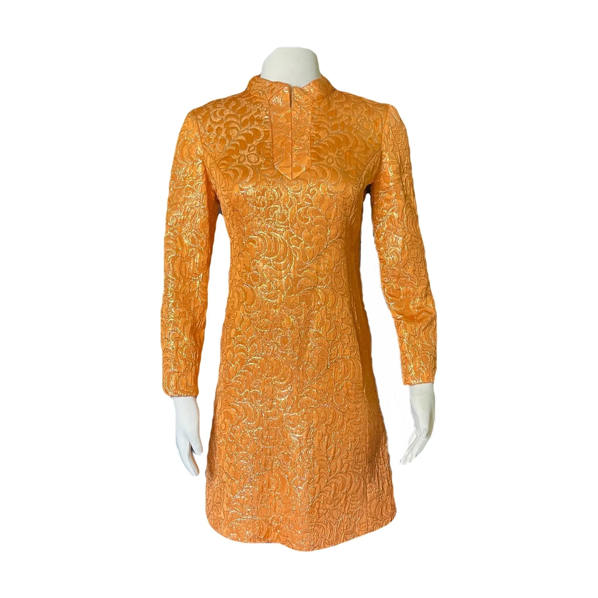 Vintage Orange Metallic Mini Dress. Perfect Party GoGo Dress with Gold Embroidery and Kimono Styling.