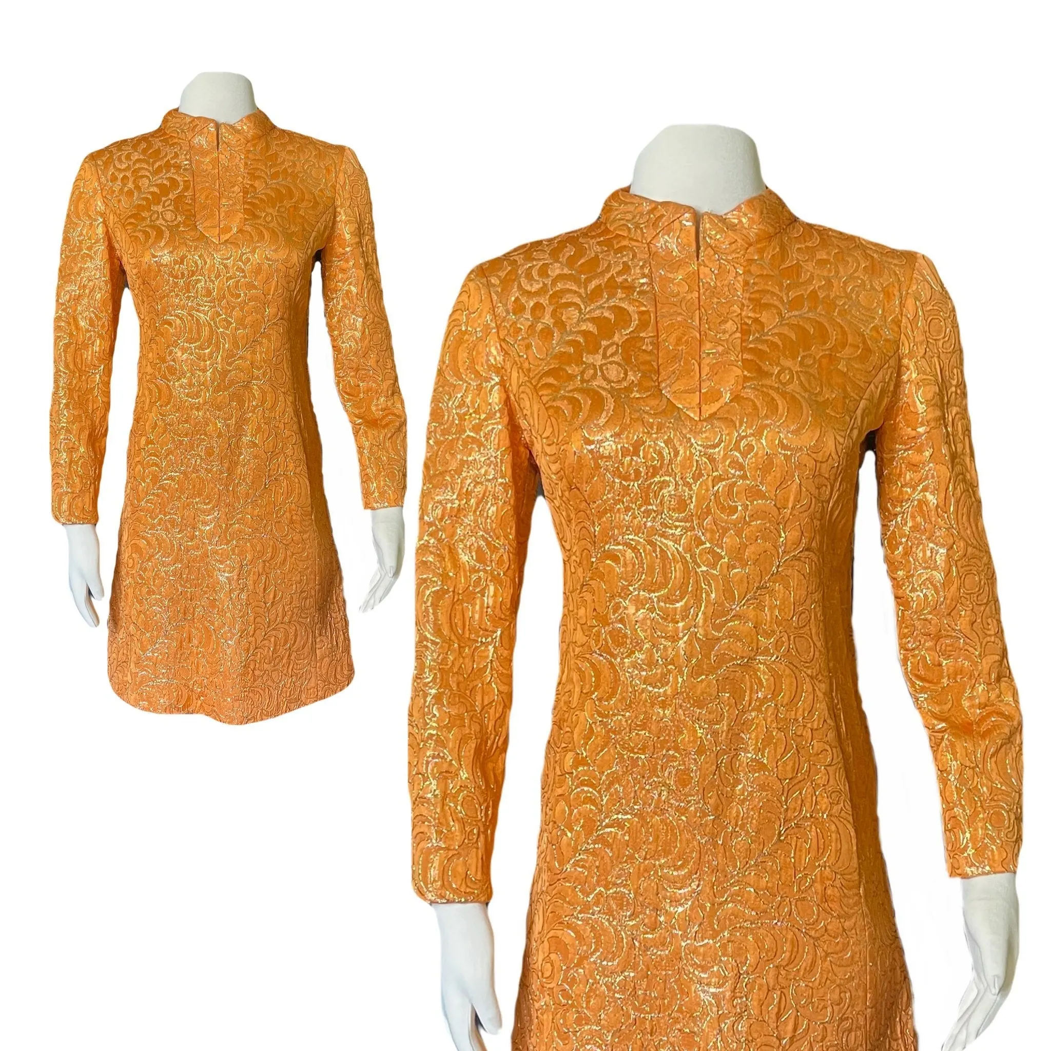 Vintage Orange Metallic Mini Dress. Perfect Party GoGo Dress with Gold Embroidery and Kimono Styling.