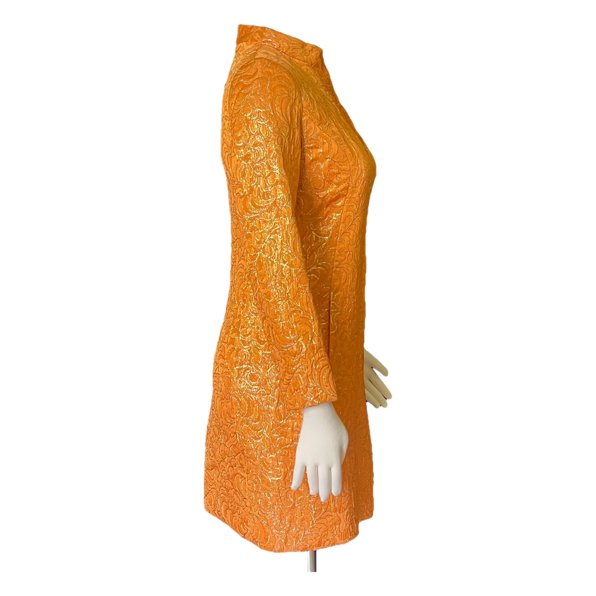 Vintage Orange Metallic Mini Dress. Perfect Party GoGo Dress with Gold Embroidery and Kimono Styling.