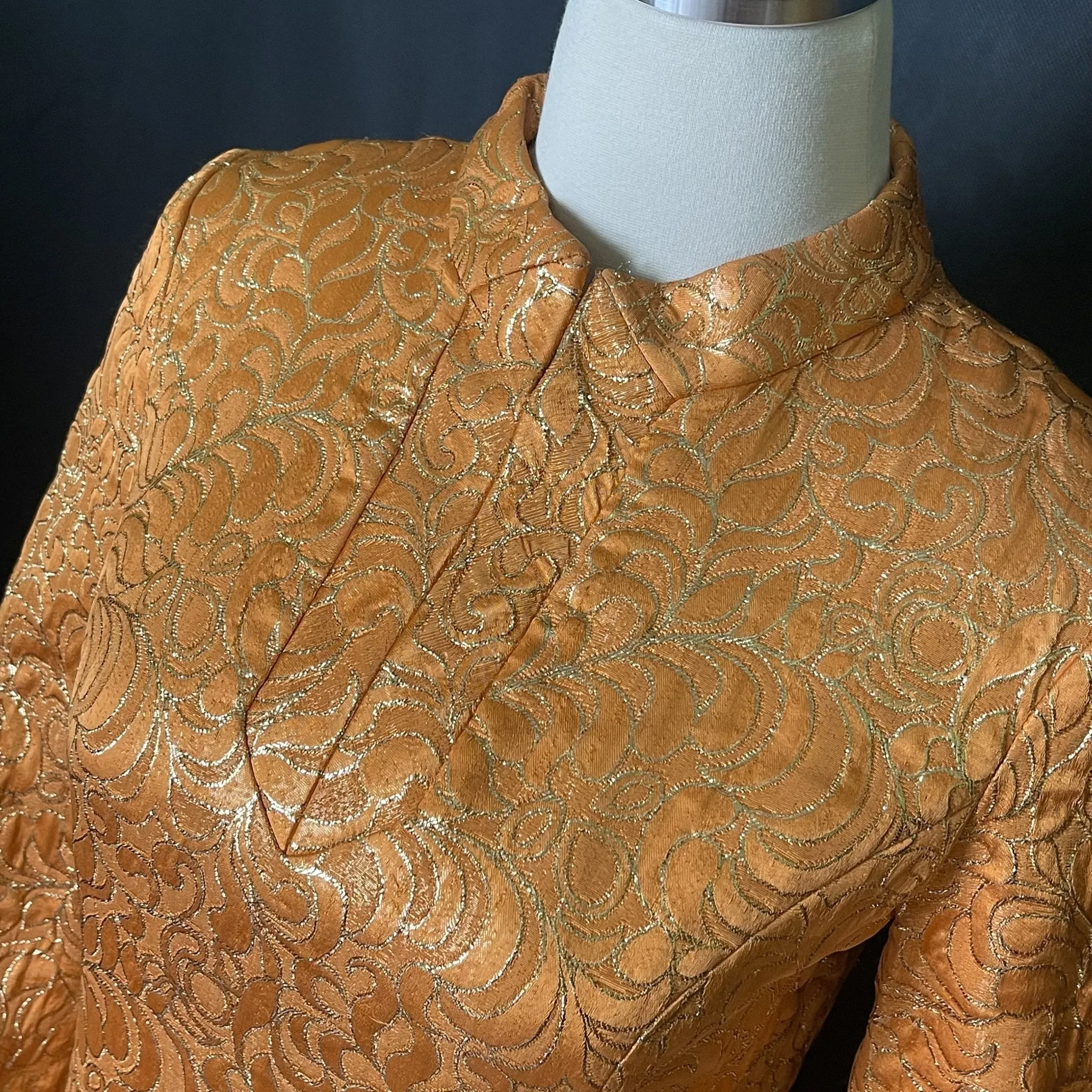 Vintage Orange Metallic Mini Dress. Perfect Party GoGo Dress with Gold Embroidery and Kimono Styling.