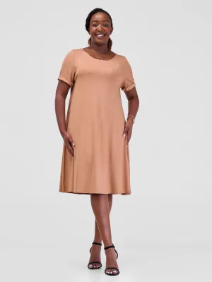 Vivo Leila Short Sleeve A-Line Dress - Tan