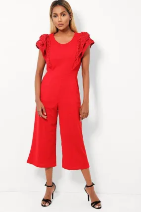 Wine Red Double Wing Sleeves Cropped Wide Leg Jumpsuit