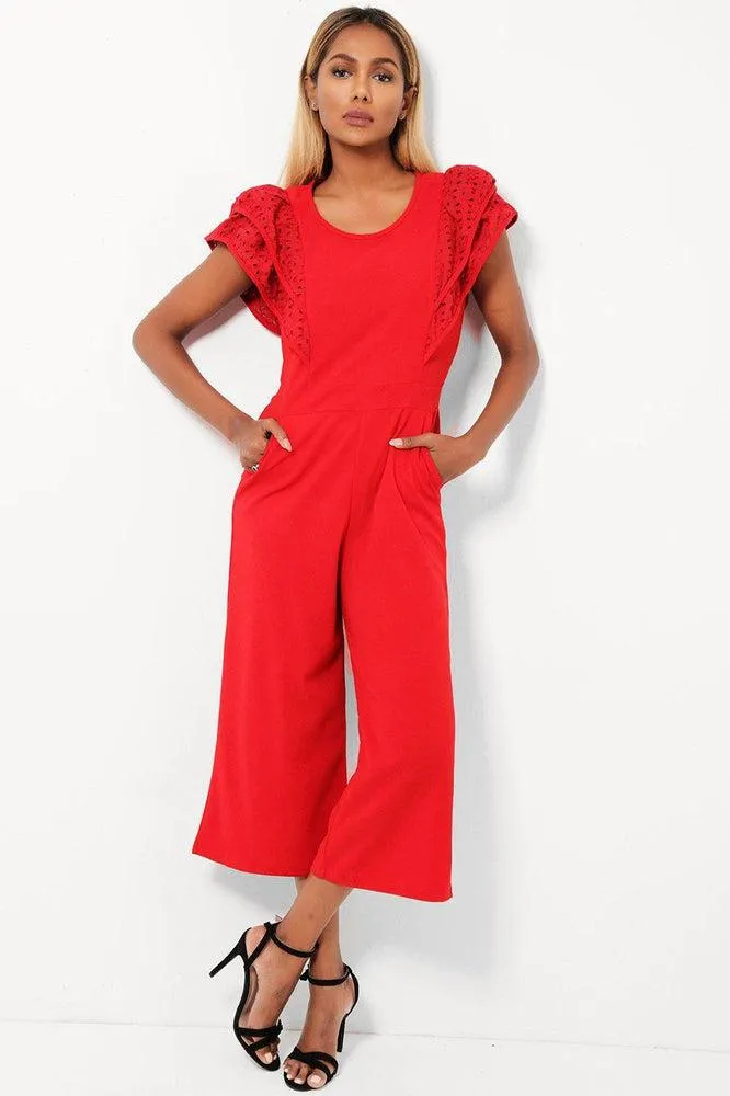 Wine Red Double Wing Sleeves Cropped Wide Leg Jumpsuit