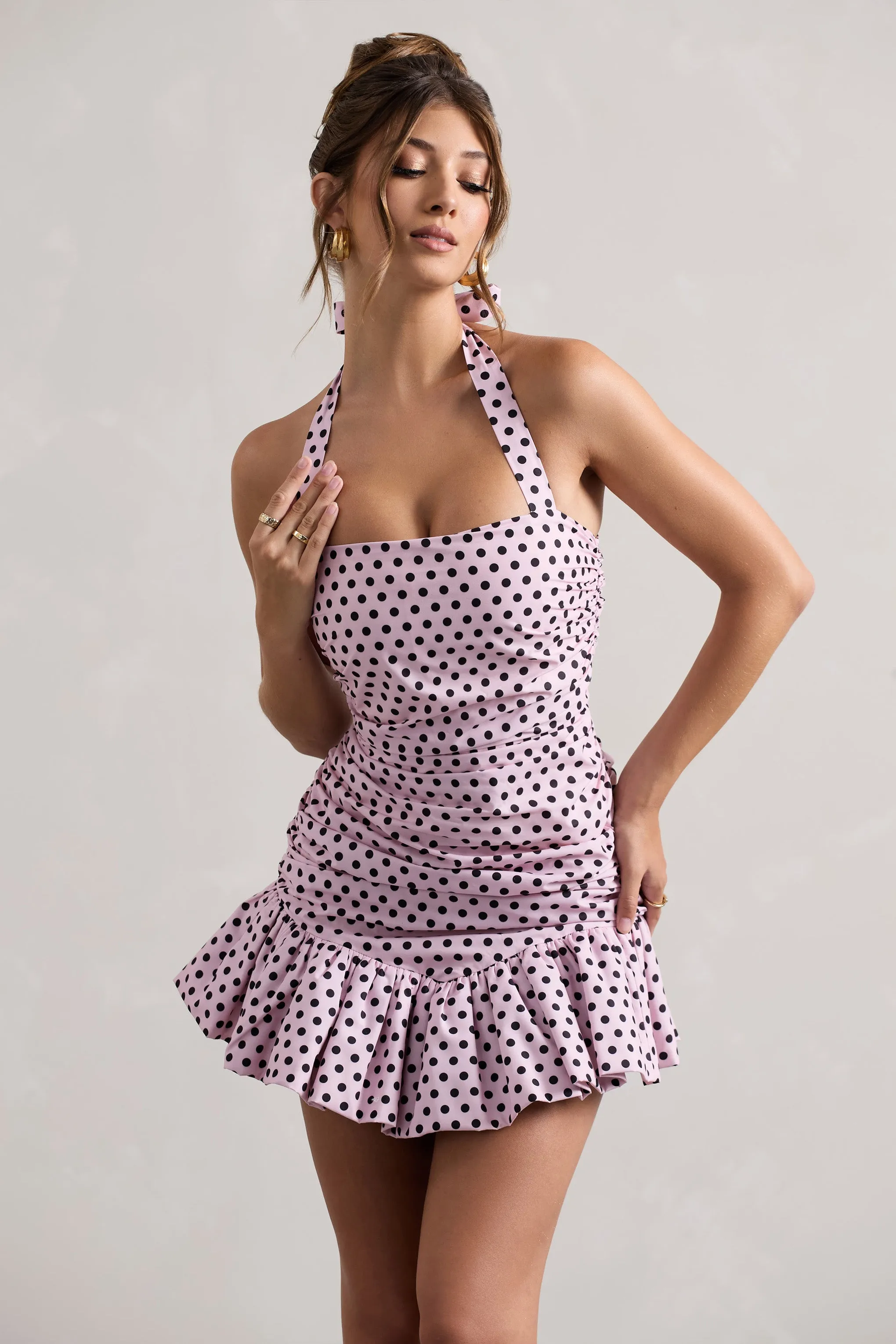 Zahra | Pink & Black Polka Dot Halter-Neck Ruched Mini Dress With Ruffle Hem